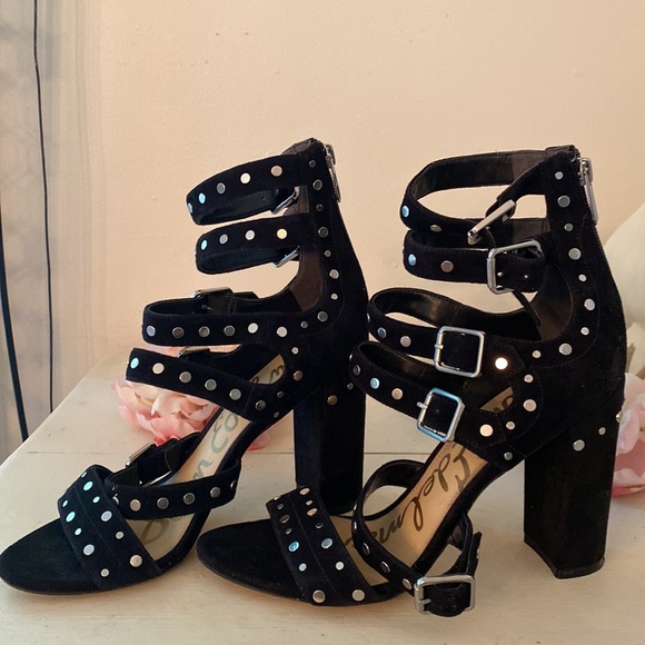 SAM EDELMAN Black Studded Leather Suede YORK Heels Sandals Gorgeous Size 8.5 - Picture 3 of 9